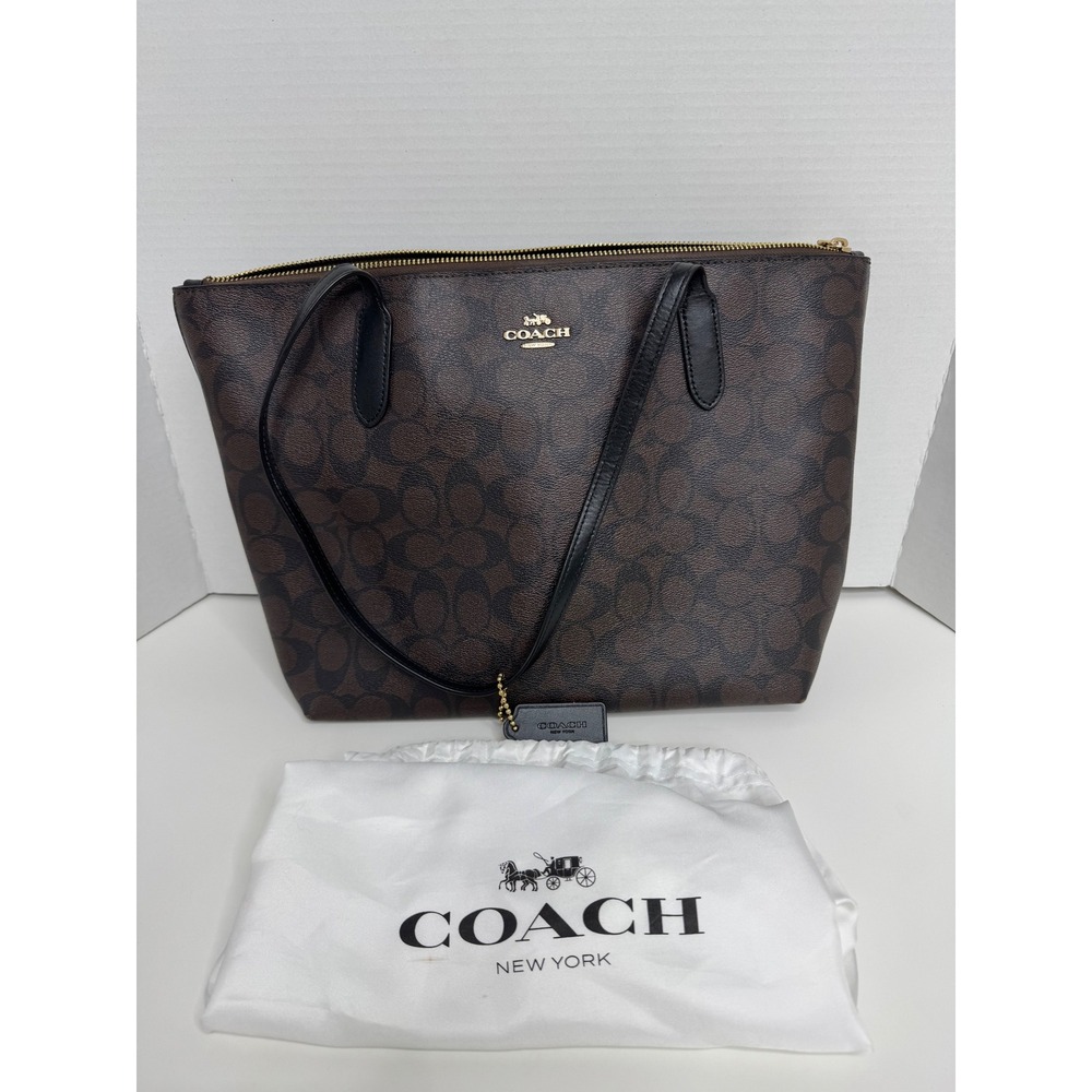 Coach Zip Top Tote in Signature Canvas Brown Black 4455 Womens Bag Gold Hardware